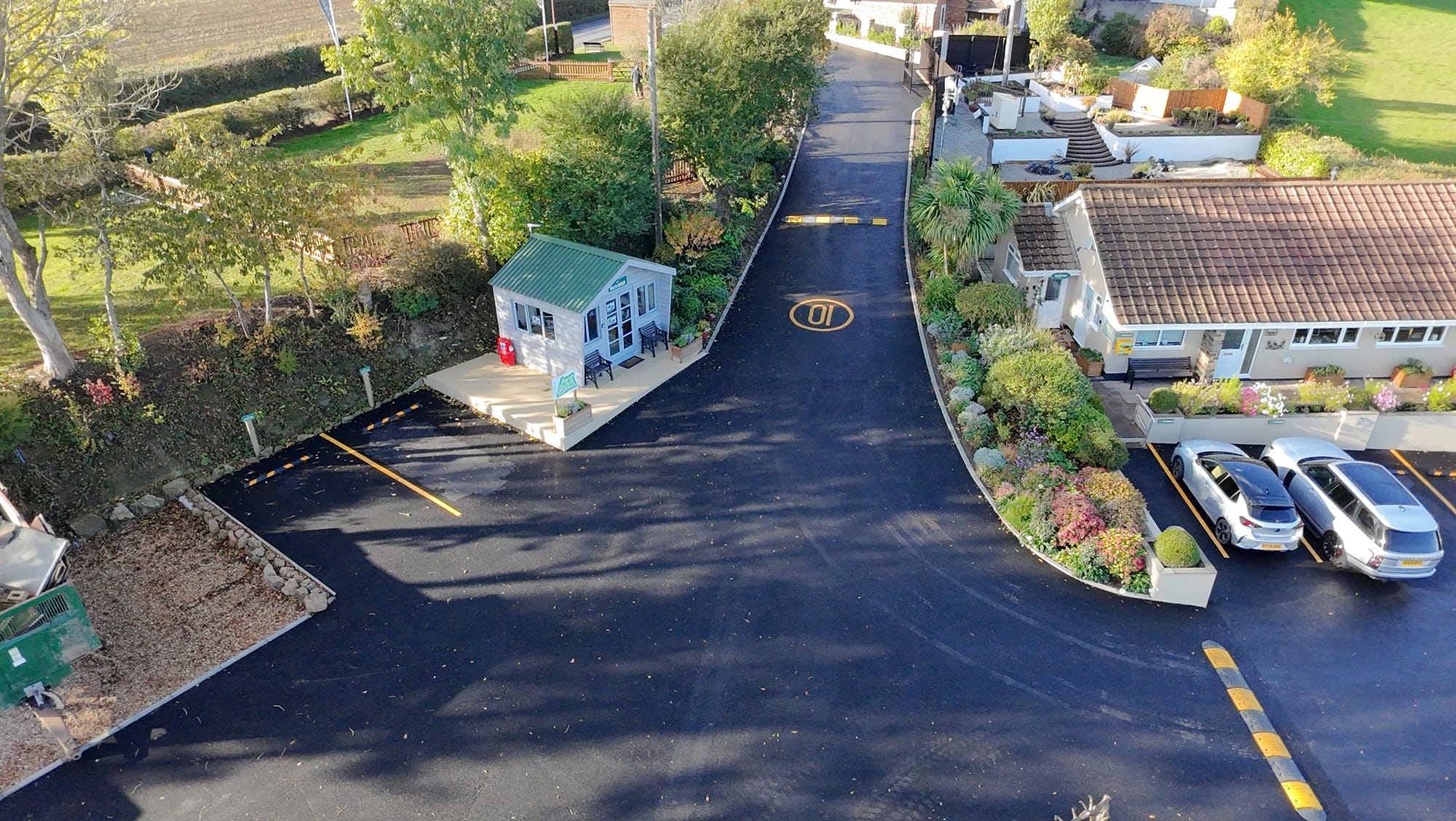 Aerial view of the entrance and caravans at Springfield Retreat